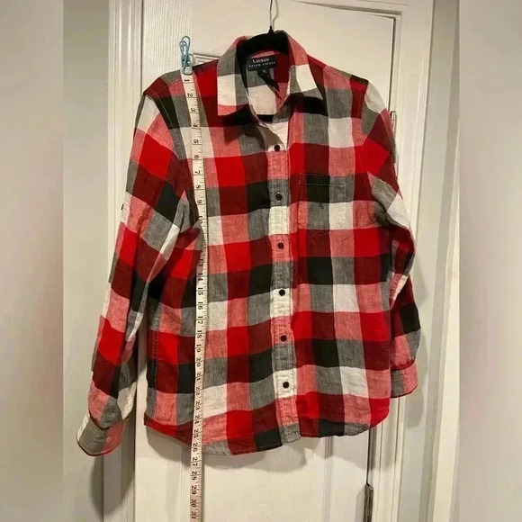 Lauren Ralph Lauren Black Red Plaid 100% Linen Button Down Long Sleeve Size M - Picture 7 of 12